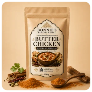 Empaque de mezcla de especias para Butter Chicken Bonnie’s by Santa Masala con cilantro, comino, cúrcuma, kasuri methi, canela, cardamomo y chile Kashmiri.