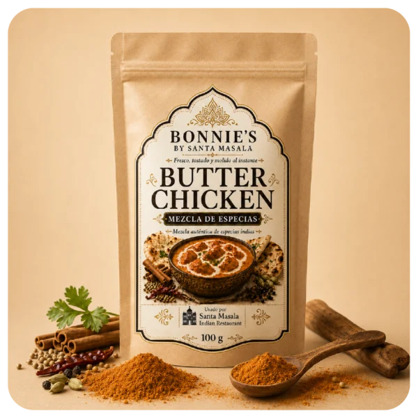 Butter chicken Empaque de mezcla de especias para Butter Chicken Bonnie’s by Santa Masala con cilantro, comino, cúrcuma, kasuri methi, canela, cardamomo y chile Kashmiri.