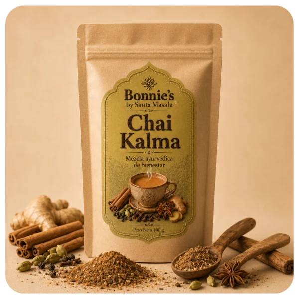 Chai Kalma artesanal de Santa Masala en bolsa beige resellable, elaborado con jengibre, cúrcuma, canela y clavo en Santa Marta, Colombia.
