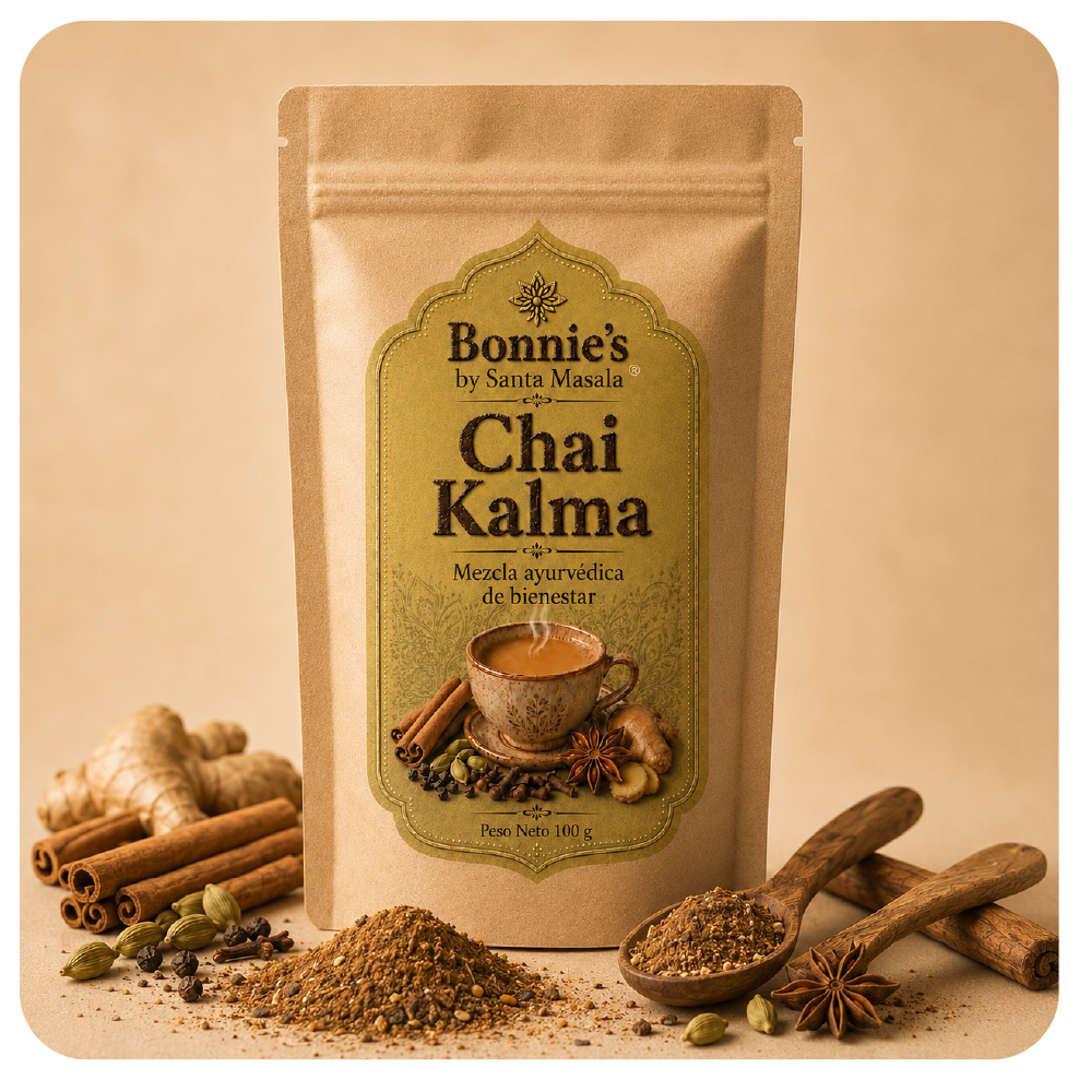 Chai Kalma artesanal de Santa Masala en bolsa beige resellable, elaborado con jengibre, cúrcuma, canela y clavo en Santa Marta, Colombia.