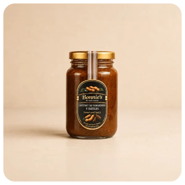 Chutney de Tamarindo y Datiles Chutney artesanal de Tamarindo y Dátiles Bonnie’s by Santa Masala de 240 g en frasco de vidrio con tapa dorada, elaborado en Santa Marta.