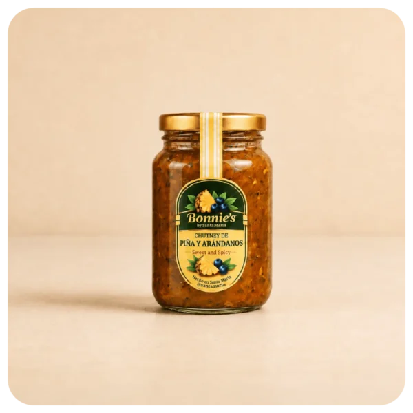 Chutney piña arandanos 240 Chutney de Piña y Arándanos Bonnie’s by Santa Masala de 240 g en frasco de vidrio.