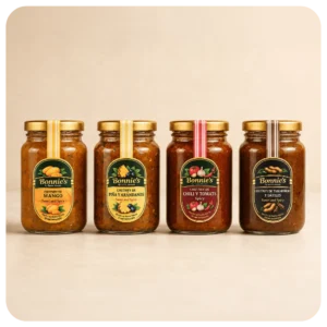 Combo x4 de chutneys Bonnie’s by Santa Masala en presentaciones grandes de 240 g.