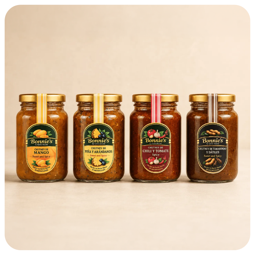 Combo x4 de chutneys Bonnie’s by Santa Masala en presentaciones grandes de 240 g.