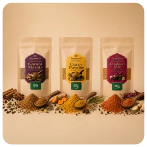 Combo de 3 especias Bonnie’s by Santa Masala con opciones de Garam Masala, Curry Powder y Tandoori Mix en presentaciones de 100 gramos.