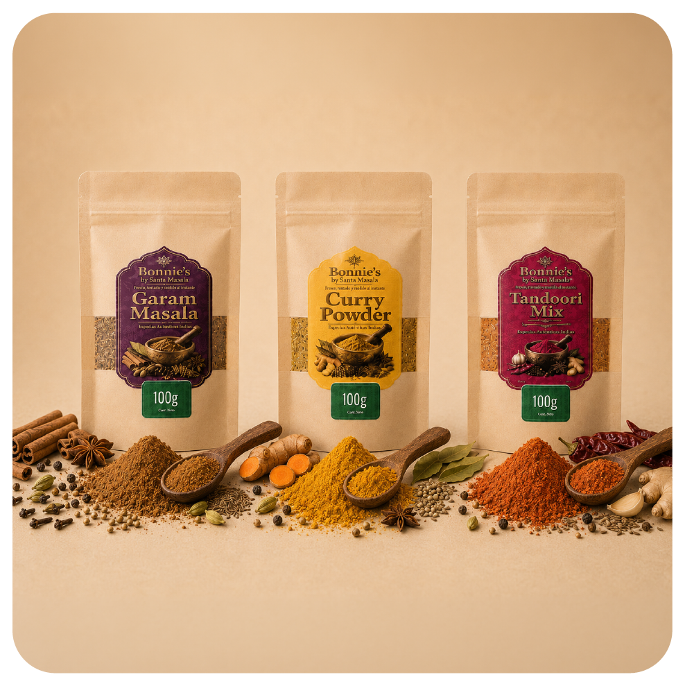 Combo de 3 especias Bonnie’s by Santa Masala con opciones de Garam Masala, Curry Powder y Tandoori Mix en presentaciones de 100 gramos.