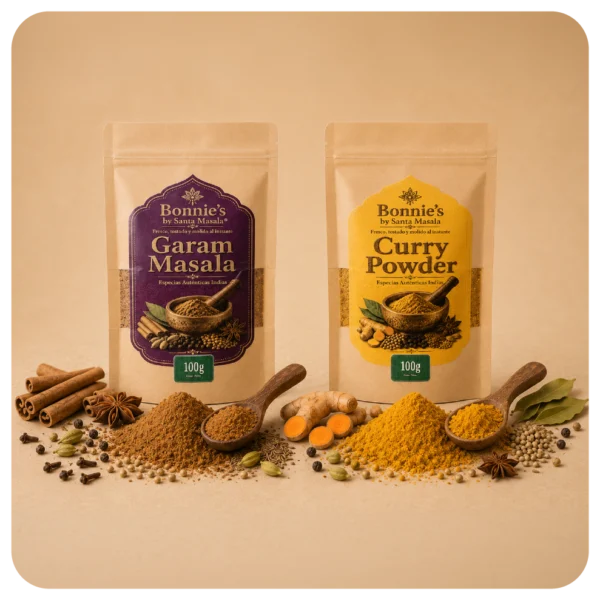 Combo x2 de especias a elección Combo x2 de Bonnie’s by Santa Masala con Garam Masala y Curry Powder en empaques beige, opción de elegir entre varias especias y mezclas artesanales.
