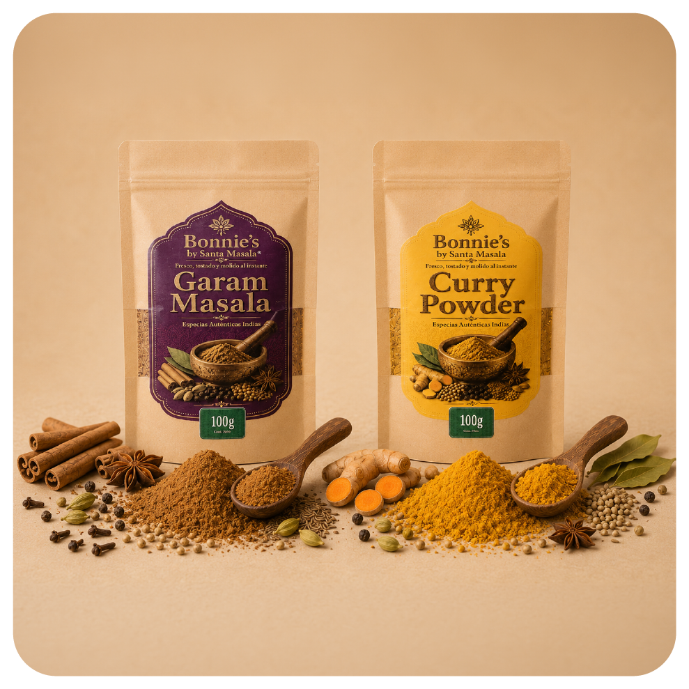 Combo x2 de Bonnie’s by Santa Masala con Garam Masala y Curry Powder en empaques beige, opción de elegir entre varias especias y mezclas artesanales.