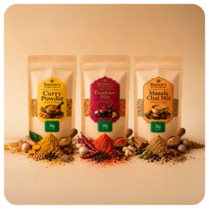 Combo x3 de especias Bonnie’s by Santa Masala de 50 g con Garam Masala, Curry Powder y Tandoori Mix en empaques beige.