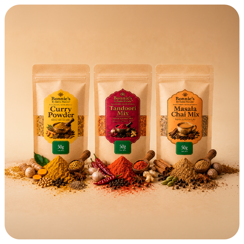 Combo x3 de especias Bonnie’s by Santa Masala de 50 g con Garam Masala, Curry Powder y Tandoori Mix en empaques beige.