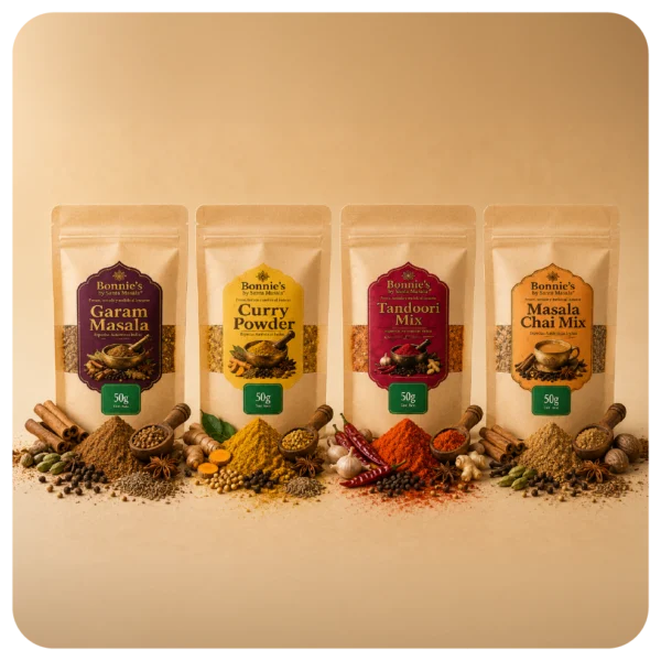 Combo x4 de especias Bonnie’s by Santa Masala de 50 g con Garam Masala, Curry Powder, Tandoori Mix y Masala Chai Mix.