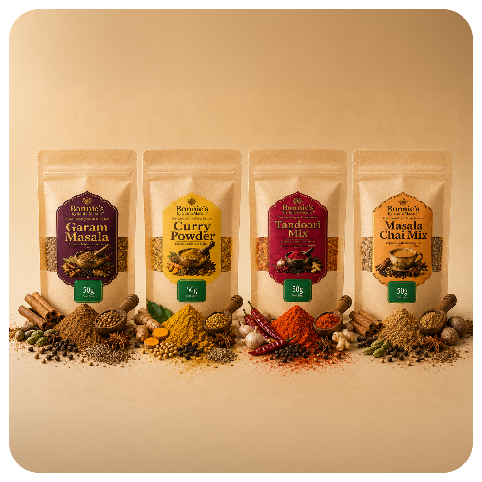 Combo x4 de especias Bonnie’s by Santa Masala de 50 g con Garam Masala, Curry Powder, Tandoori Mix y Masala Chai Mix.