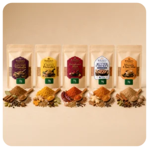 Combo x5 de especias Bonnie’s by Santa Masala de 50 g con Garam Masala, Curry Powder, Tandoori Mix, Butter Chicken Mix y Masala Chai Mix.
