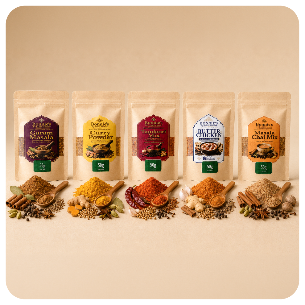 Combo x5 de especias Bonnie’s by Santa Masala de 50 g con Garam Masala, Curry Powder, Tandoori Mix, Butter Chicken Mix y Masala Chai Mix.