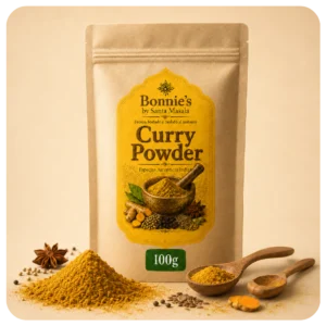 Curry Powder Bonnie’s by Santa Masala de 100 g en bolsa beige con etiqueta amarilla, mezcla artesanal de especias elaborada en Santa Marta, Colombia.