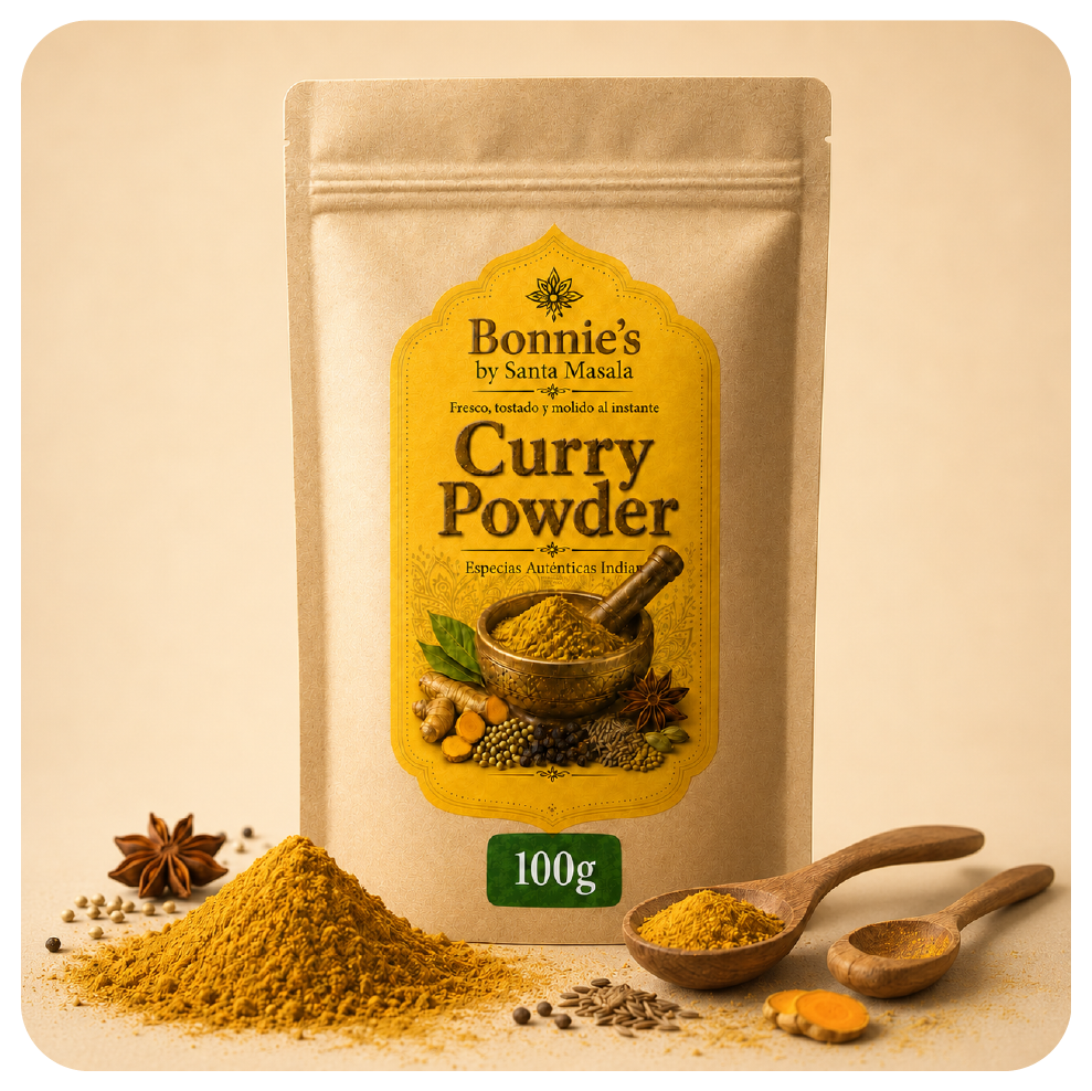Curry Powder Bonnie’s by Santa Masala de 100 g en bolsa beige con etiqueta amarilla, mezcla artesanal de especias elaborada en Santa Marta, Colombia.