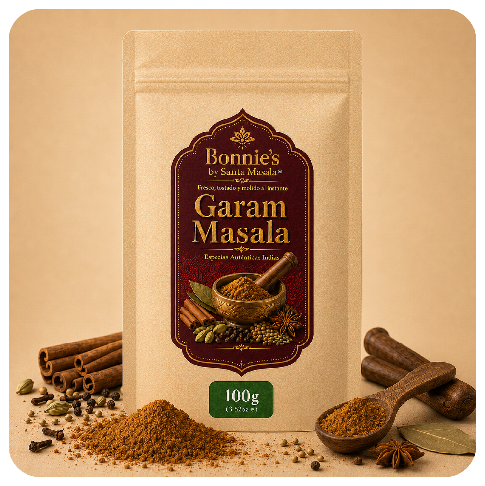 Garam Masala artesanal Santa Masala de 50 g en bolsa beige resellable, elaborado con comino, cilantro, pimienta negra, canela, clavo y cardamomo. Leyenda: