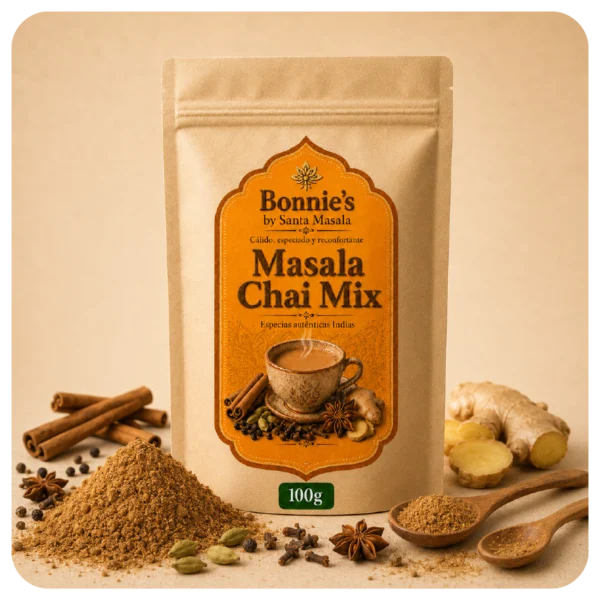 Masala Chai Mix Masala Chai Mix Bonnie’s by Santa Masala de 100 g en bolsa beige con etiqueta naranja, mezcla de canela, cardamomo, jengibre y clavo.