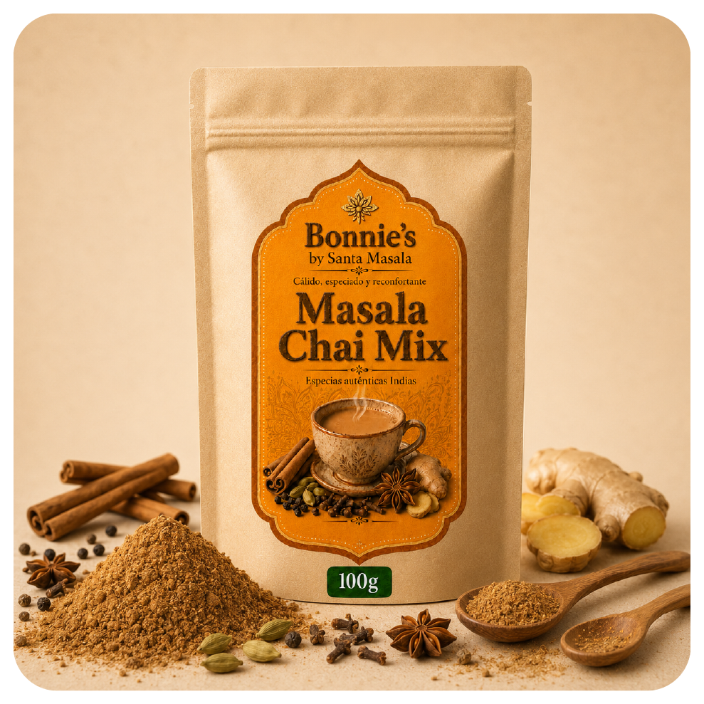 Masala Chai Mix Bonnie’s by Santa Masala de 100 g en bolsa beige con etiqueta naranja, mezcla de canela, cardamomo, jengibre y clavo.
