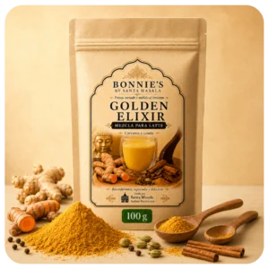 Golden Elixir Bonnie’s by Santa Masala con cúrcuma, cardamomo, canela, pimienta negra, nuez moscada y jengibre.