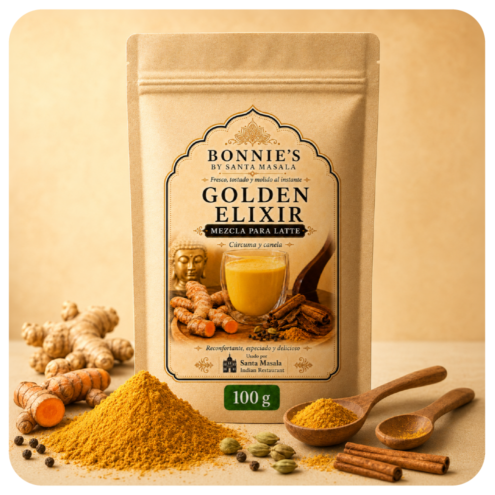 Golden Elixir Bonnie’s by Santa Masala con cúrcuma, cardamomo, canela, pimienta negra, nuez moscada y jengibre.