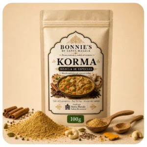 Korma 100g Korma Mix Bonnie’s by Santa Masala con cilantro, comino, cúrcuma, chile de Cachemira, nuez moscada, macis y jengibre.
