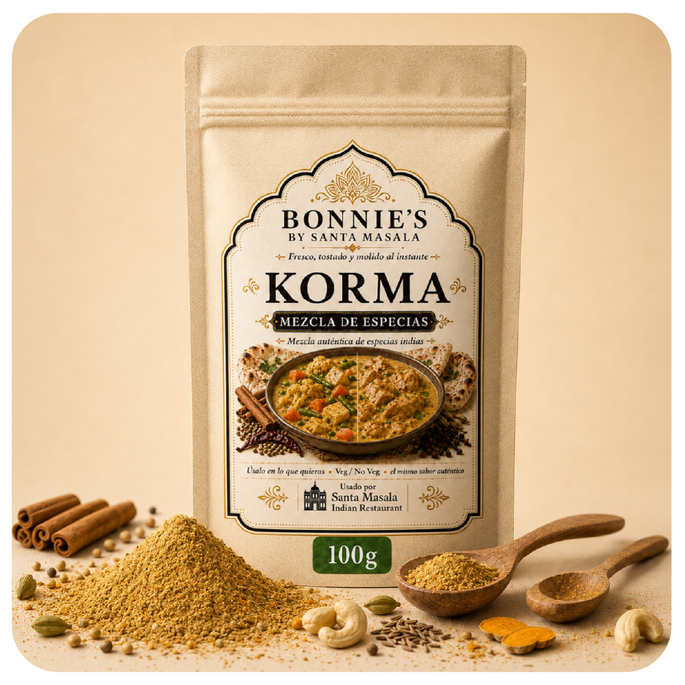 Korma Mix Bonnie’s by Santa Masala con cilantro, comino, cúrcuma, chile de Cachemira, nuez moscada, macis y jengibre.