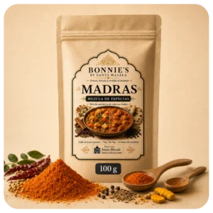 Madras 100g Madras Curry Mix Bonnie’s by Santa Masala con cúrcuma, chile rojo, comino, cilantro, garam masala y fenogreco.