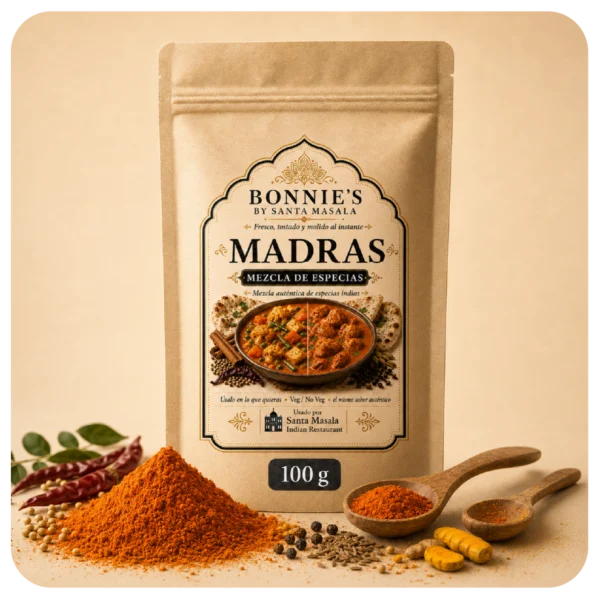Madras 100g Madras Curry Mix Bonnie’s by Santa Masala con cúrcuma, chile rojo, comino, cilantro, garam masala y fenogreco.
