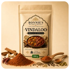 Vindaloo Mix Bonnie’s by Santa Masala con cilantro, comino, mostaza, chile, ajo, jengibre, garam masala y pimienta negra.