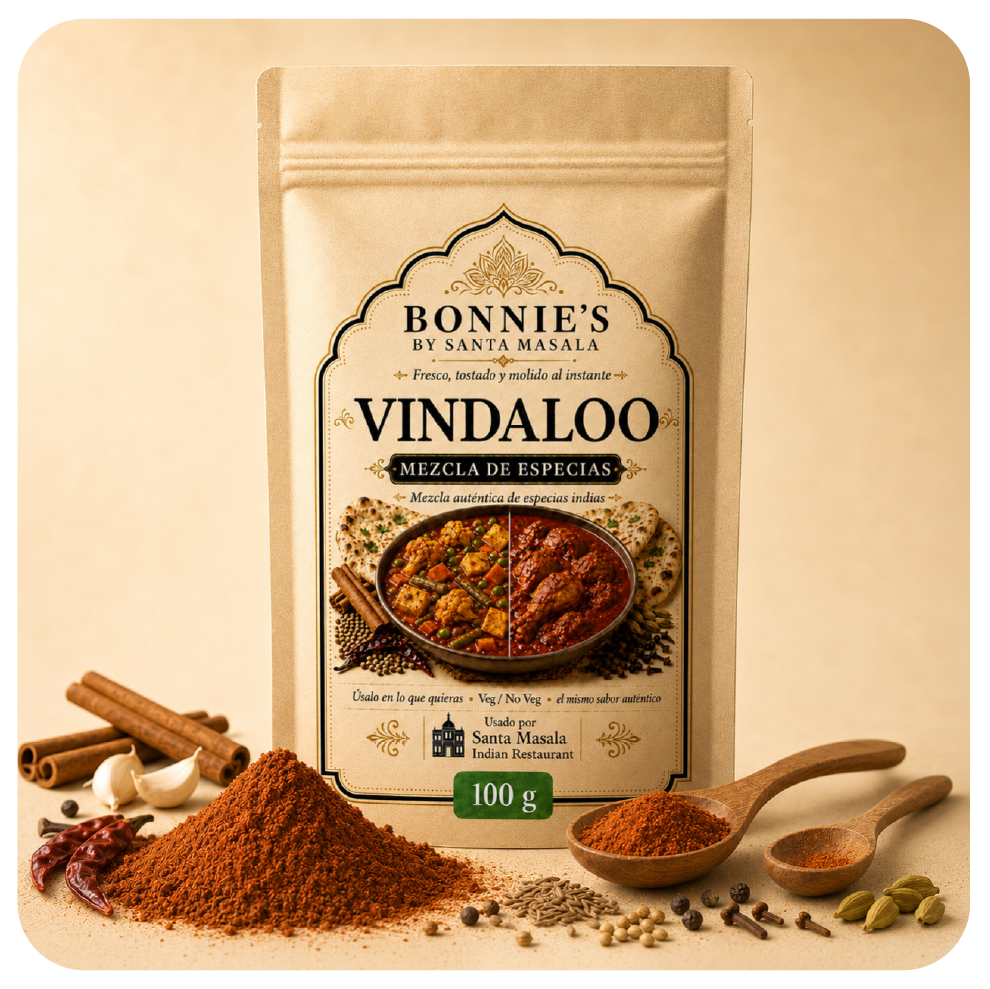 Vindaloo Mix Bonnie’s by Santa Masala con cilantro, comino, mostaza, chile, ajo, jengibre, garam masala y pimienta negra.